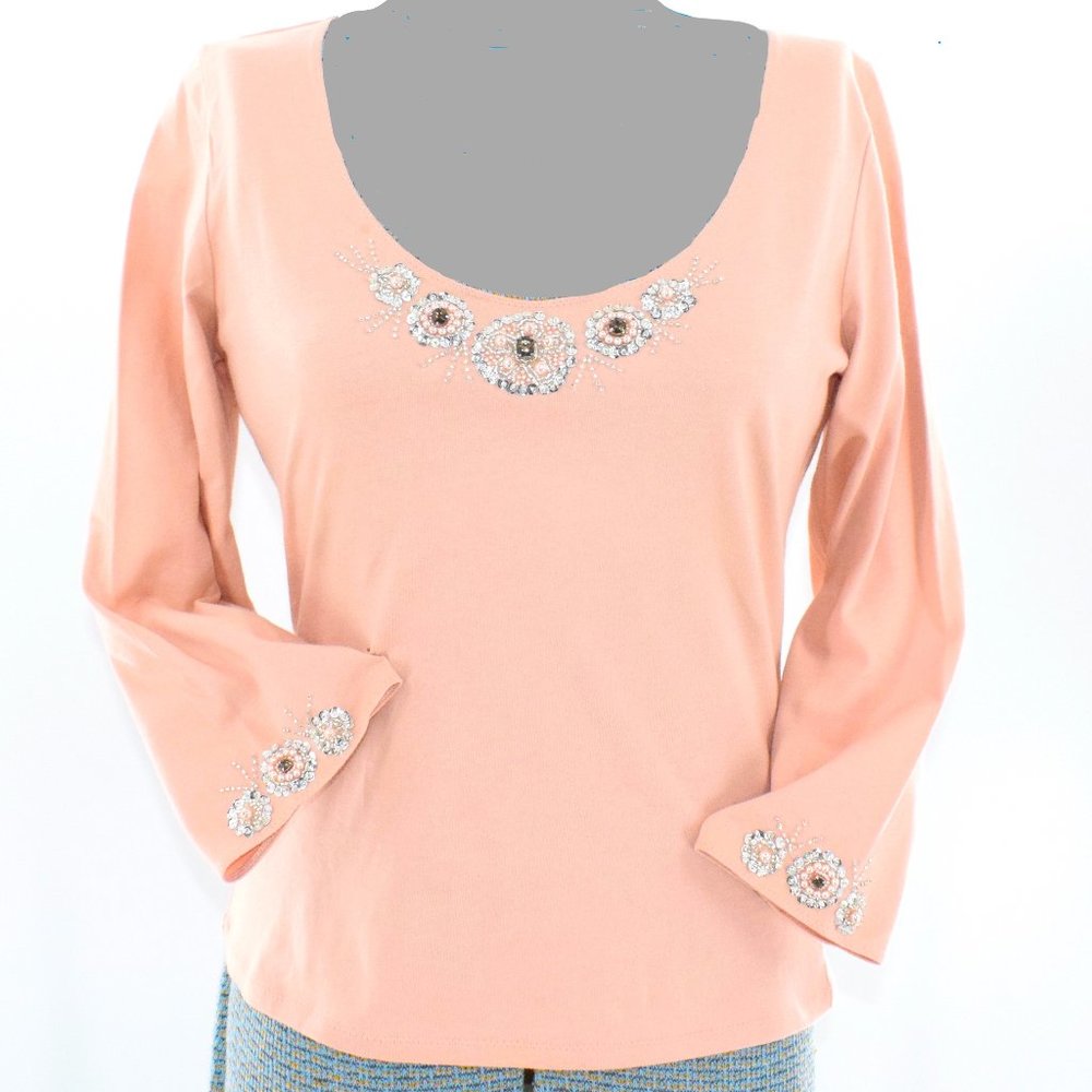 Intuitions Blush-Colored Bejeweled Knit Top M